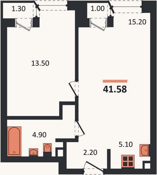 Планировка: 1-к, 41,6 м²