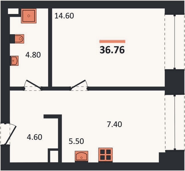 Планировка: 1-к, 36,8 м²