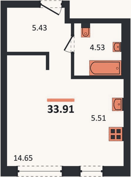 Планировка: Студия, 33,9 м²