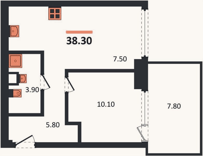 Планировка: 1-к, 38,3 м²