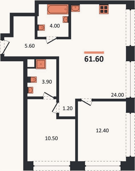 Планировка: 2-к, 61,9 м²