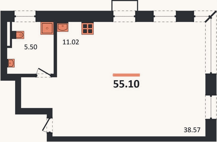 Планировка: Студия, 55,1 м²