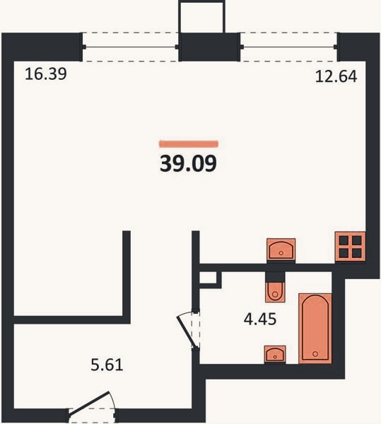 Планировка: Студия, 39,1 м²