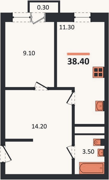Планировка: 1-к, 38,4 м²