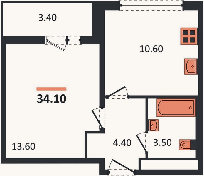 Планировка: 1-к, 33,7 м²