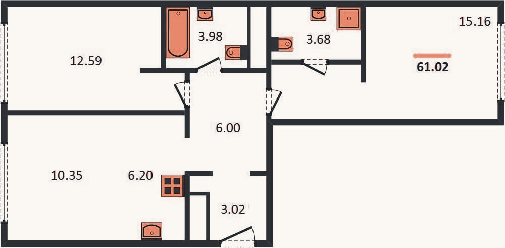 Планировка: 2-к, 60,8 м²