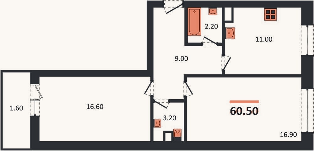Планировка: 2-к, 60,5 м²