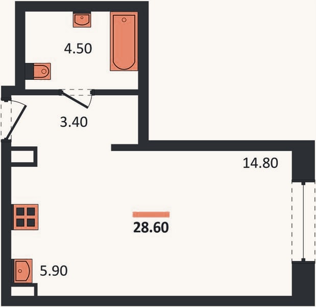 Планировка: Студия, 28,6 м²