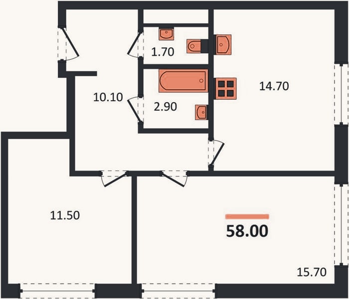 Планировка: 2-к, 57,7 м²