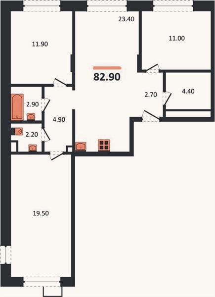 Планировка: 3-к, 82,9 м²