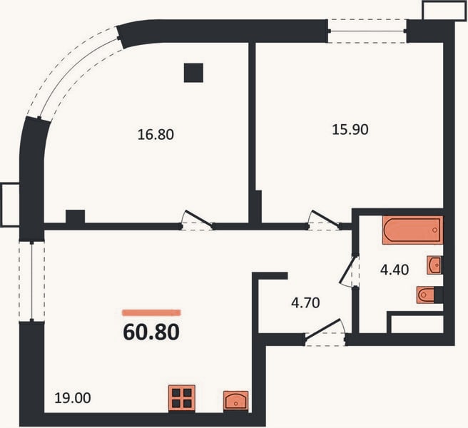 Планировка: 2-к, 60,8 м²