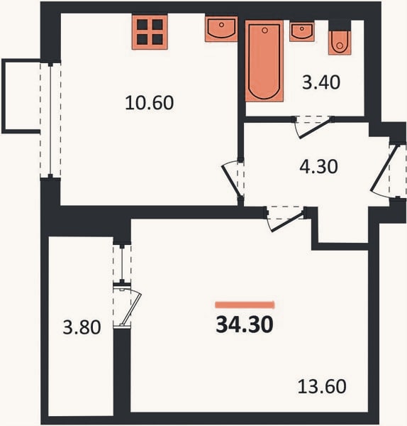 Планировка: 1-к, 34,3 м²