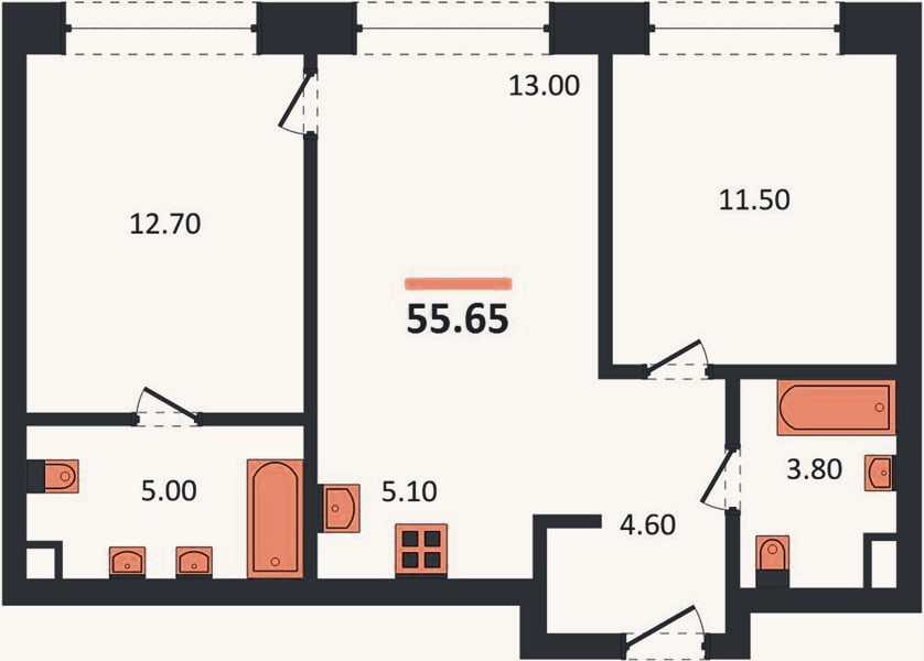 Планировка: 2-к, 55,7 м²