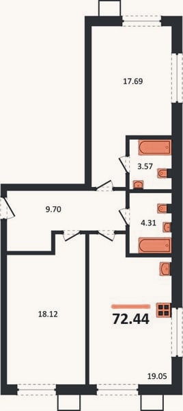 Планировка: 2-к, 72,4 м²