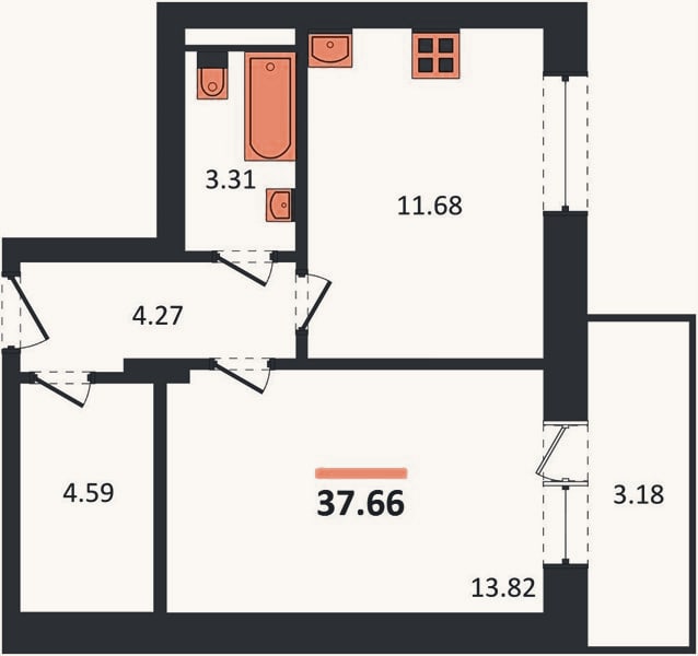 Планировка: 1-к, 37,7 м²
