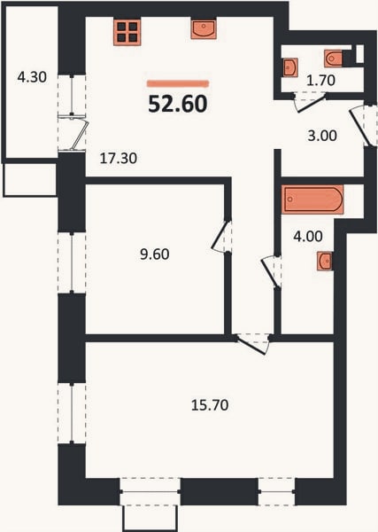 Планировка: 2-к, 52,6 м²