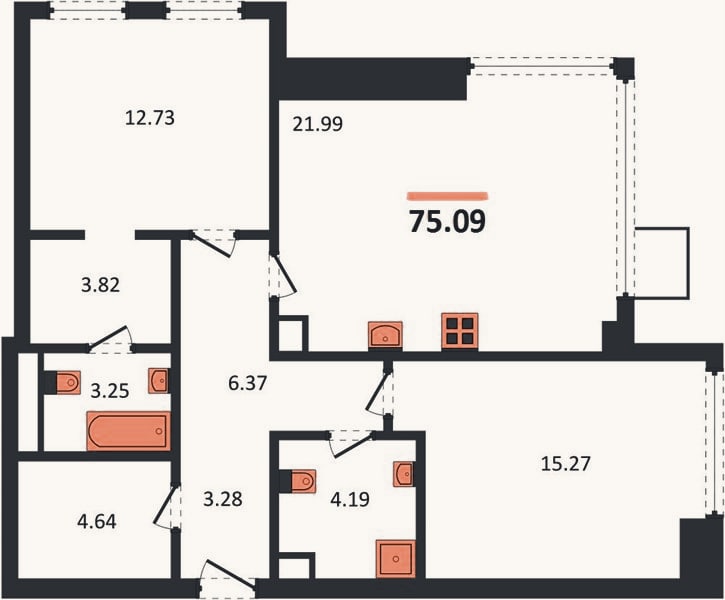 Планировка: 2-к, 75,1 м²