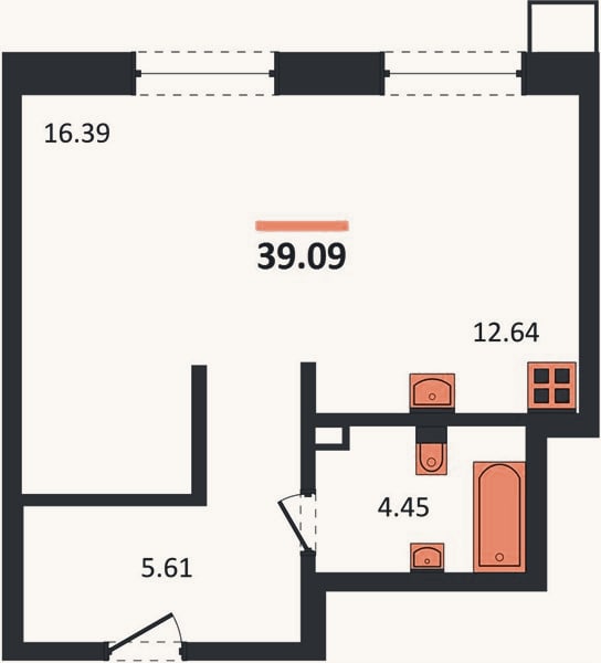 Планировка: Студия, 39,1 м²