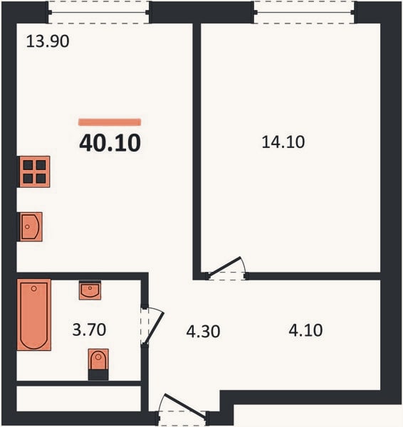 Планировка: 1-к, 40,1 м²