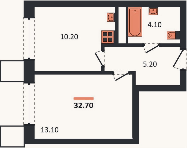 Планировка: 1-к, 32,7 м²