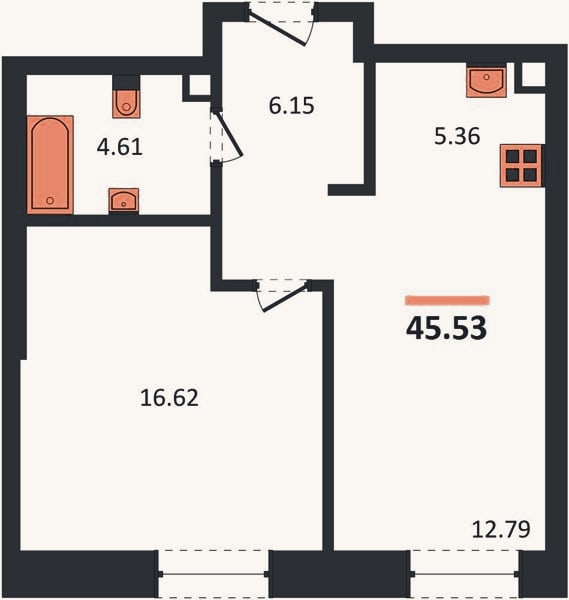 Планировка: 1-к, 45,5 м²