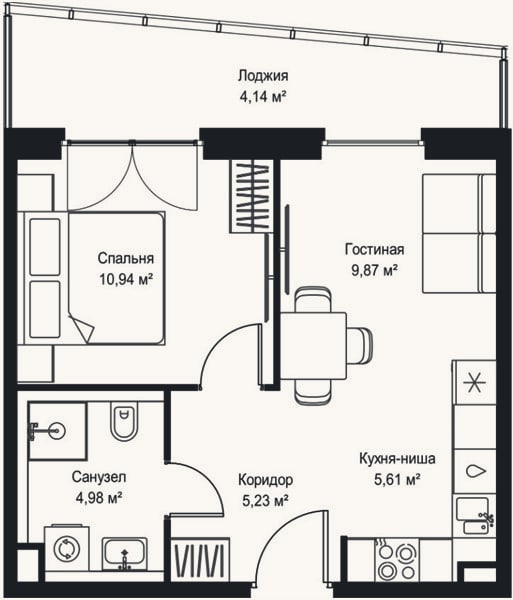 Планировка: 1-к, 40,8 м²