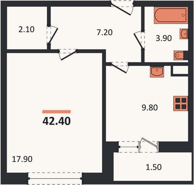 Планировка: 1-к, 42,4 м²