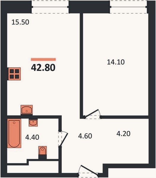 Планировка: 1-к, 42,8 м²