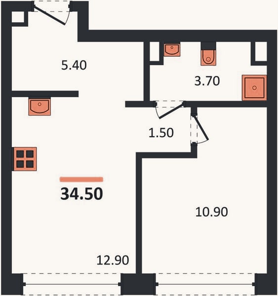 Планировка: 1-к, 34,8 м²