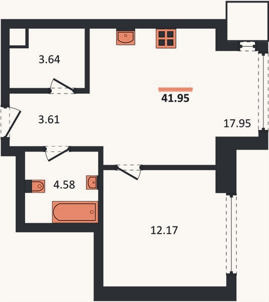 Планировка: 1-к, 41,7 м²