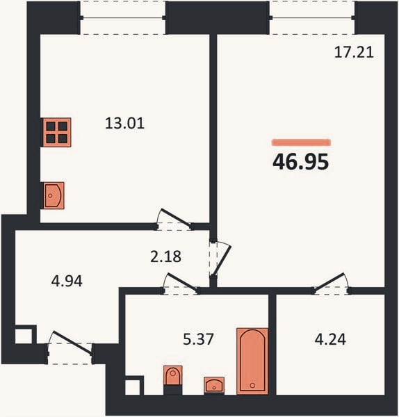 Планировка: 1-к, 47 м²