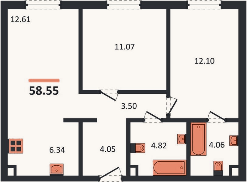 Планировка: 2-к, 58,6 м²
