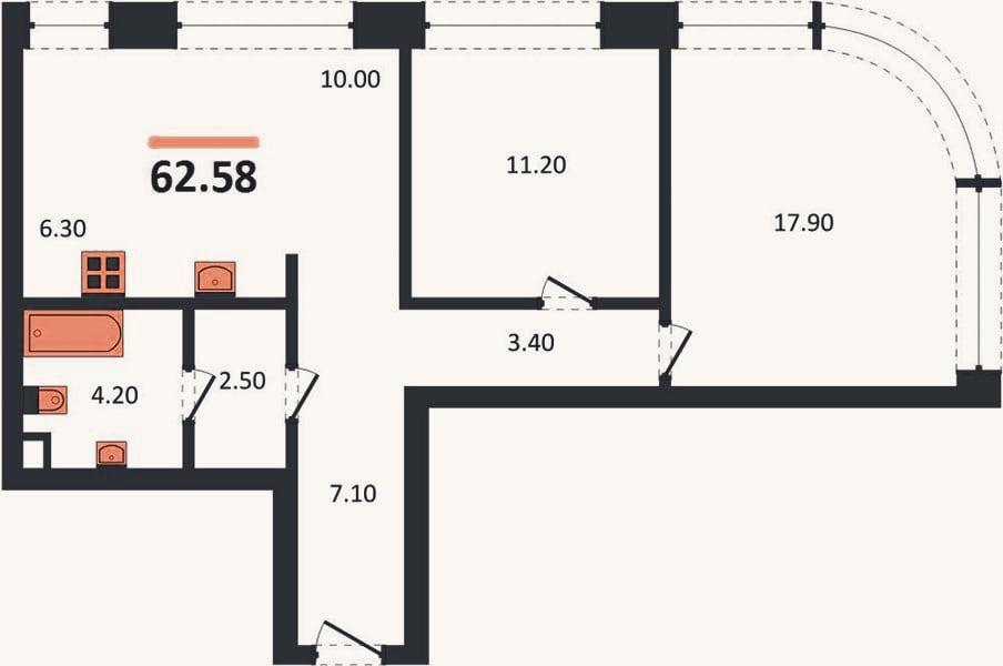 Планировка: 2-к, 62,6 м²