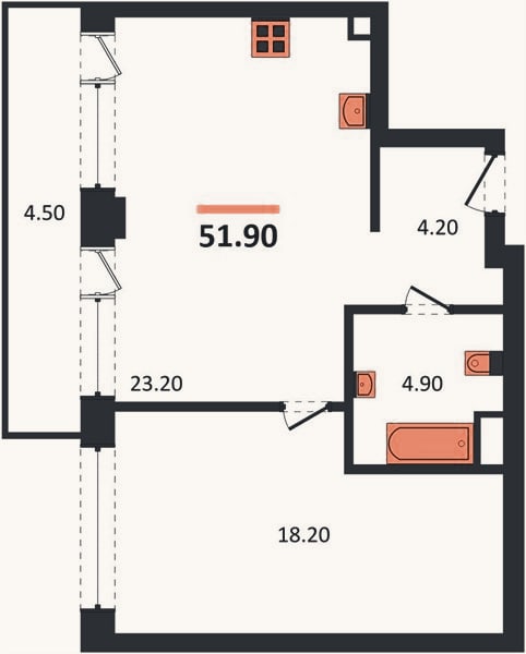 Планировка: 1-к, 51,9 м²