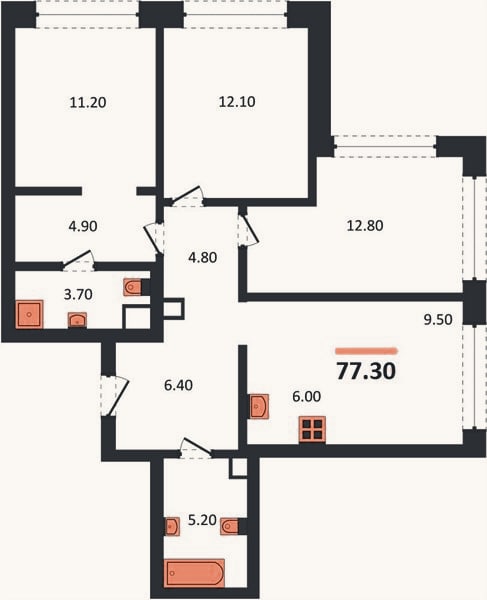 Планировка: 3-к, 77,3 м²