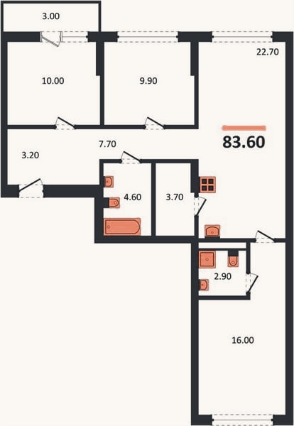 Планировка: 3-к, 83,6 м²