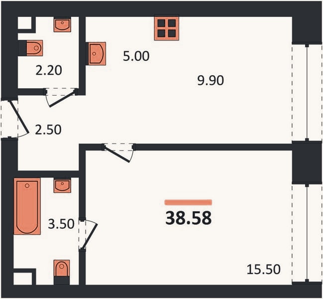 Планировка: 1-к, 38,6 м²