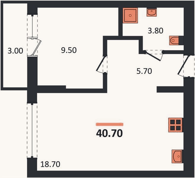Планировка: 1-к, 40,7 м²