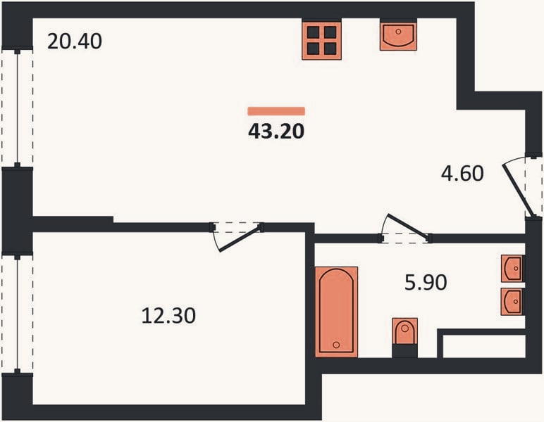 Планировка: 1-к, 43,2 м²