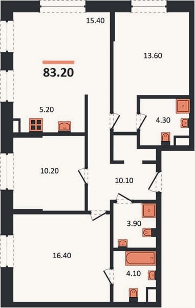 Планировка: 3-к, 83,2 м²