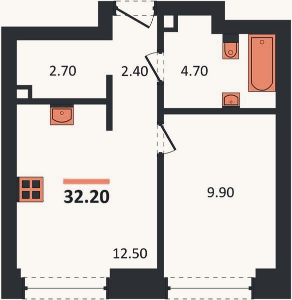 Планировка: 1-к, 32,2 м²