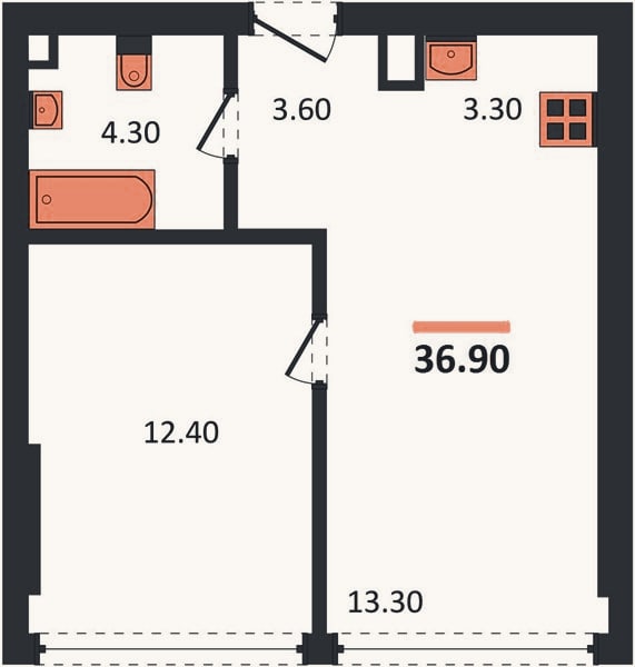 Планировка: 1-к, 36,9 м²