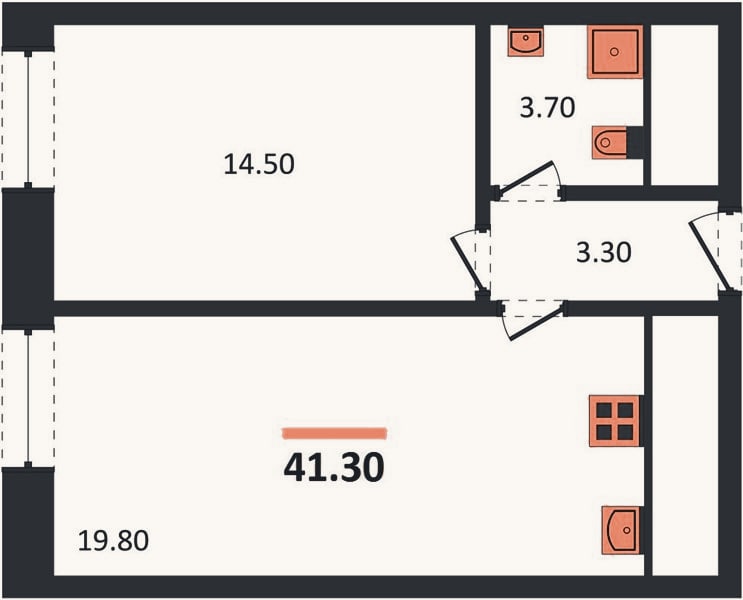 Планировка: 1-к, 41,4 м²