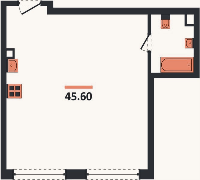 Планировка: 1-к, 45,9 м²