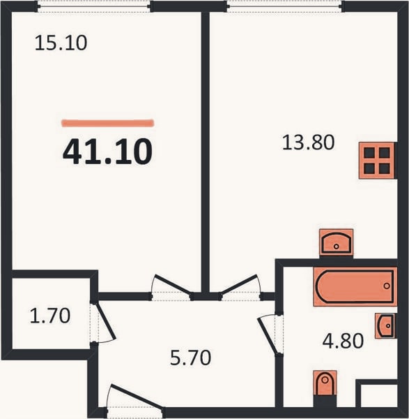 Планировка: 1-к, 41,1 м²