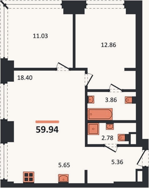 Планировка: 2-к, 59,9 м²