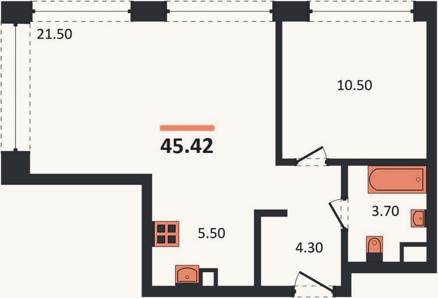 Планировка: 1-к, 45,4 м²