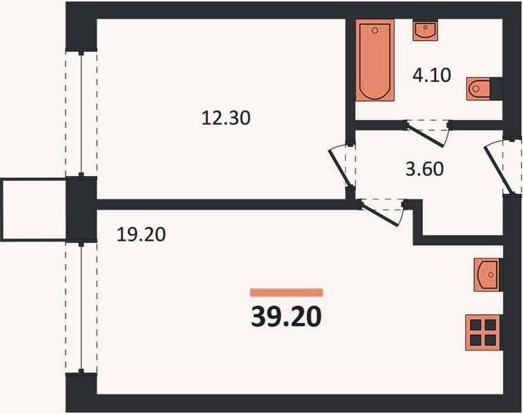 Планировка: 1-к, 39,2 м²