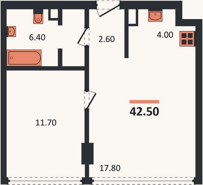 Планировка: 1-к, 42,5 м²