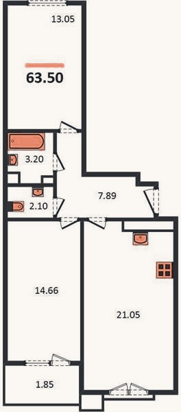 Планировка: 2-к, 63,5 м²